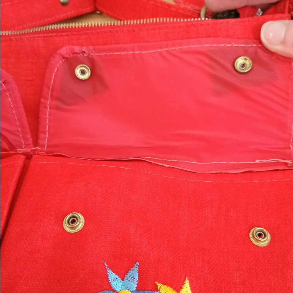 Vintage 80s 90s Red Canvas Crossbody Bag Purse Front Pockets Floral Embroidery